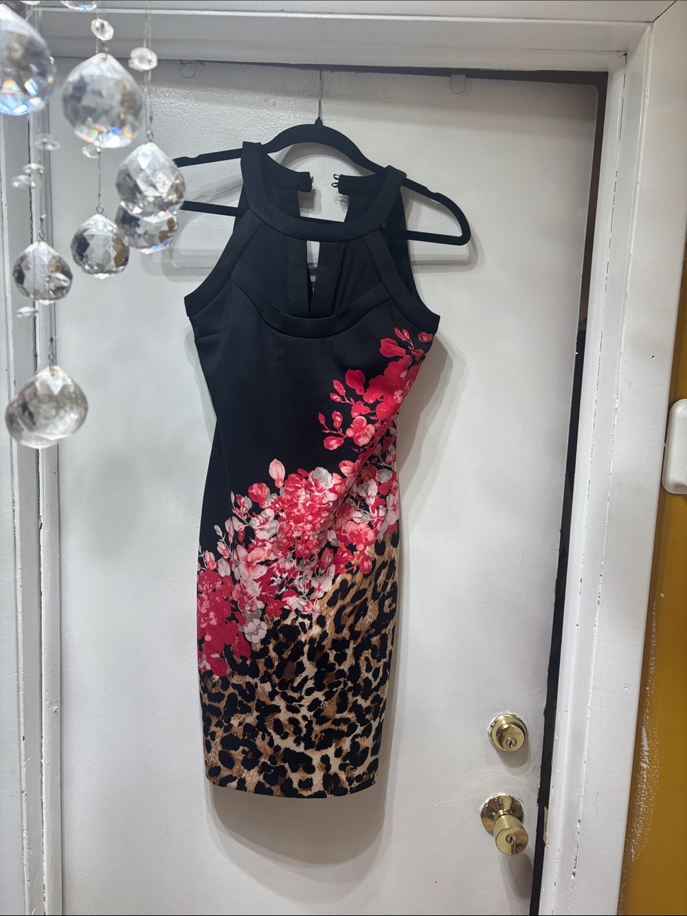 Thalia Sodi Black Midi Dress with Pink Floral & Leopard Print